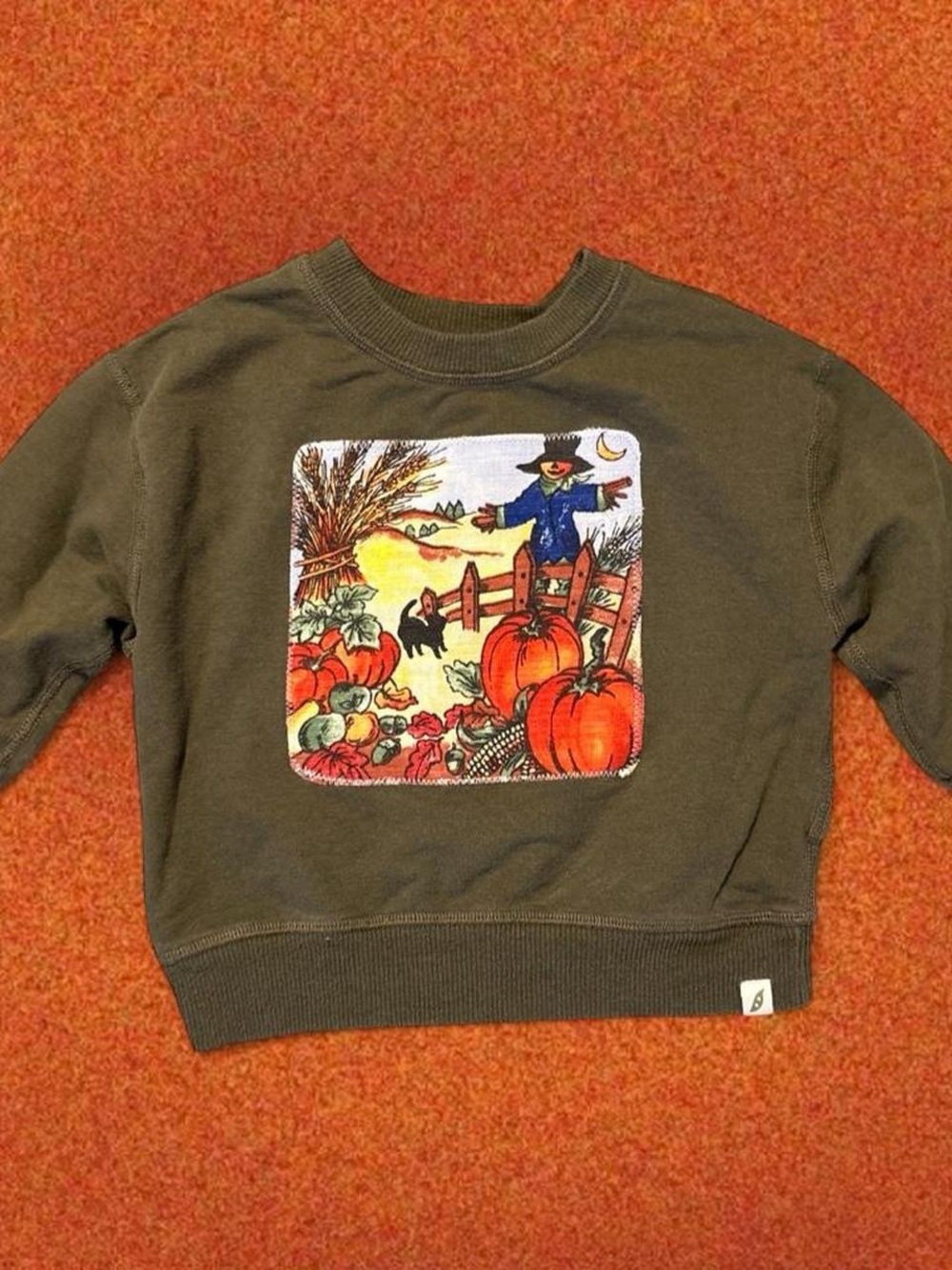 Kids Upcycled Olive Green Pumpkin Patch Sweatshirt